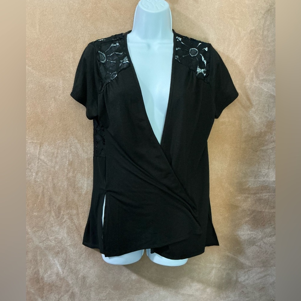 Indigo Black sheer cardigan /Blouse with Lace Accents‎